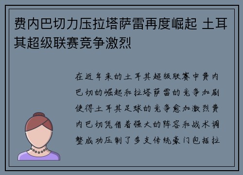 费内巴切力压拉塔萨雷再度崛起 土耳其超级联赛竞争激烈